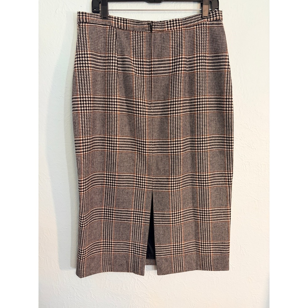 H&M Pencil Skirt 14 Black Tan Glen Plaid Midi Back Vent Academic Dark Academia - Picture 11 of 12